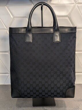 Vintage Gucci GG Pattern Canvas Black Tote Bag Leather